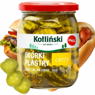 Ogórki plastry 500g Curry do kanapek burgerów...