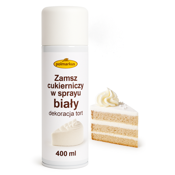 Zamsz cukierniczy w sprayu biały Polmarkus KOMUNIA dekoracja tort deser 400ml AMK