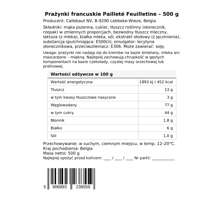 Prażynki francuskie chrupiące posypka 500g Callebaut Paillete FeuilletineAMK
