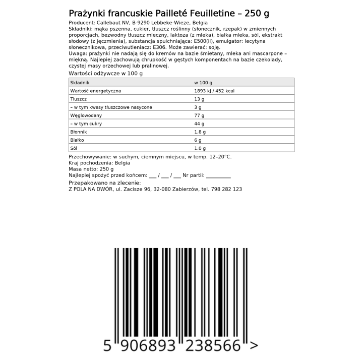 Prażynki Francuskie chrupiące Posypka Callebaut Paillete Feuilletine 250gAMKpl