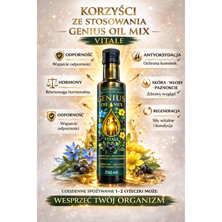 Olej GLA Wiesiołek Ogórecznik Czarna Porzeczka Genius Oil Nierafinowany