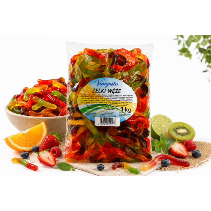 Vangusto Żelki Węże 1kg Owocowe Miękkie Grube Aromatyczne Żelki Smaczne