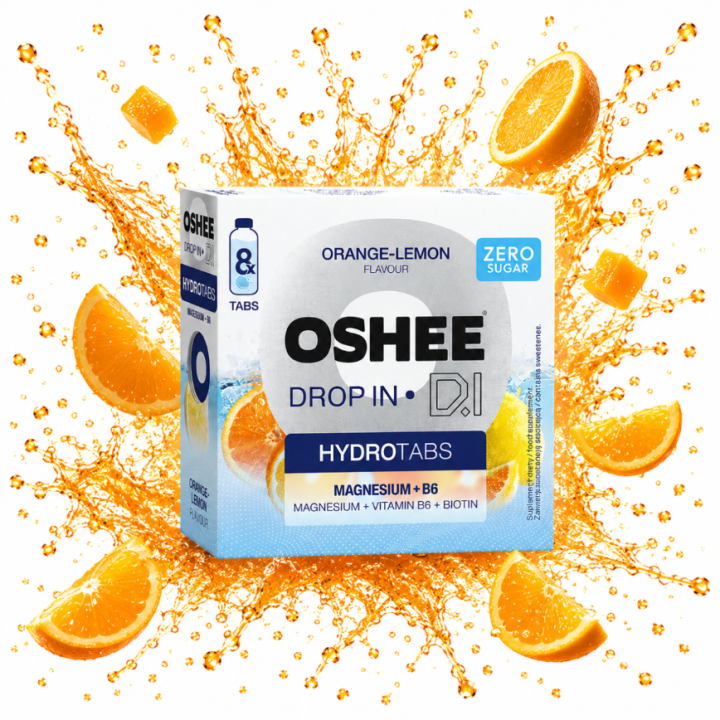 OSHEE Drop in Hydrotabs Magnez + B6 pomarańcza 8 tabletek FIT Zero Cukru