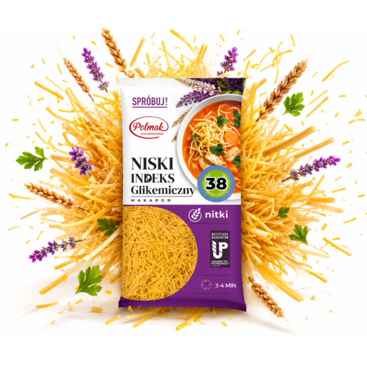 POLMAK Makaron Nitki 250 g – Niski Indeks Glikemiczny dla Diabetyków