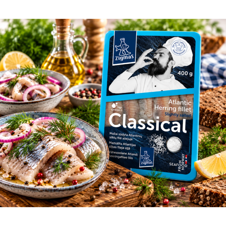 Zigmas Filety Śledziowe małosolne oleju 400 g Litewski smak Klasyczne.AMK