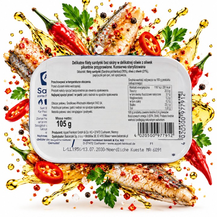 Appel Filety sardynki bez skóry w oliwie pikantnie przyprawione 105g