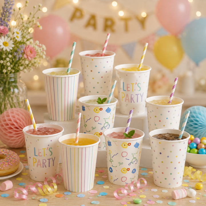 Kubek papierowy z plastikiem na imprezę 250 ml Kubeczki PARTY 50 szt MIX