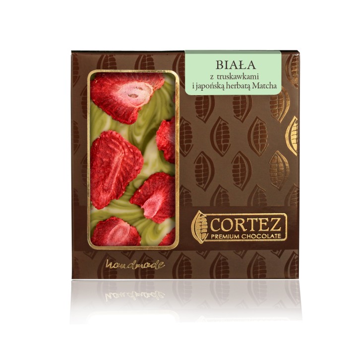 CORTEZ Czekolada BIAŁA z truskawkami i japońską herbatą Matcha 85g Premium
