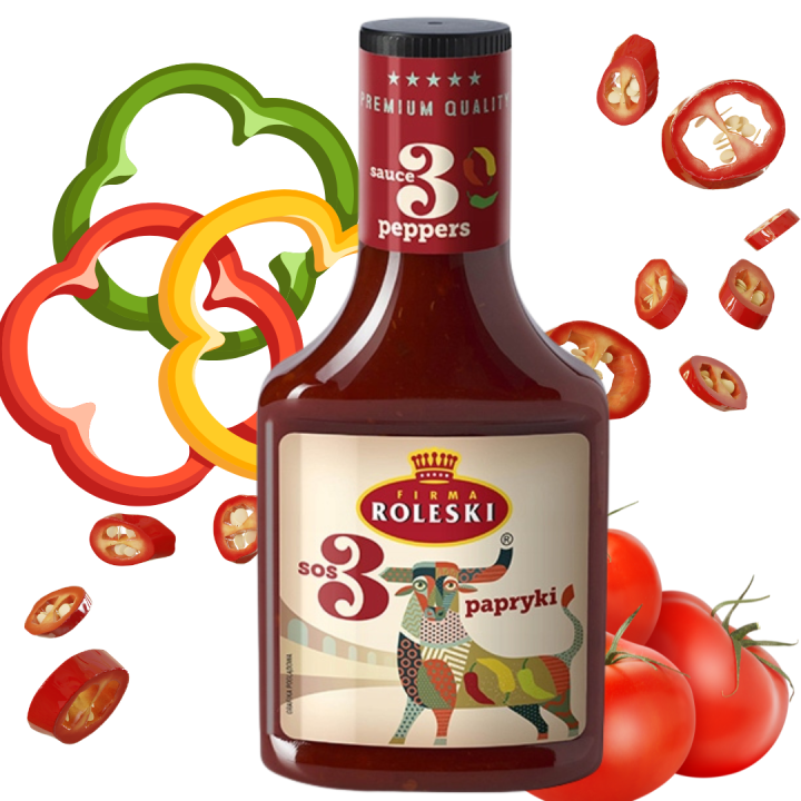 Sos 3 Papryki Roleski 360g pikantny, pomidorowy, z paprykami sos paprykowy AMK