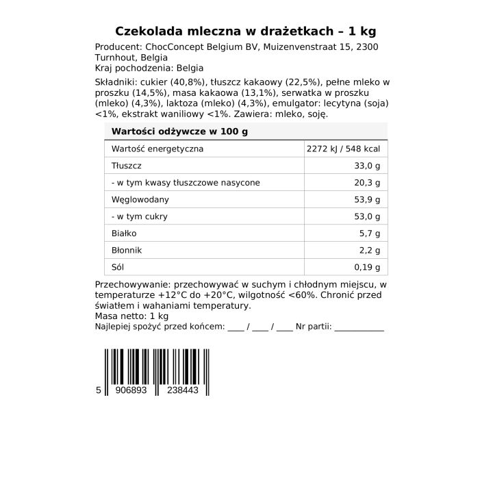Czekolada Mleczna w pastylkach 1kg do wypieków fondue pralinek picia AMK