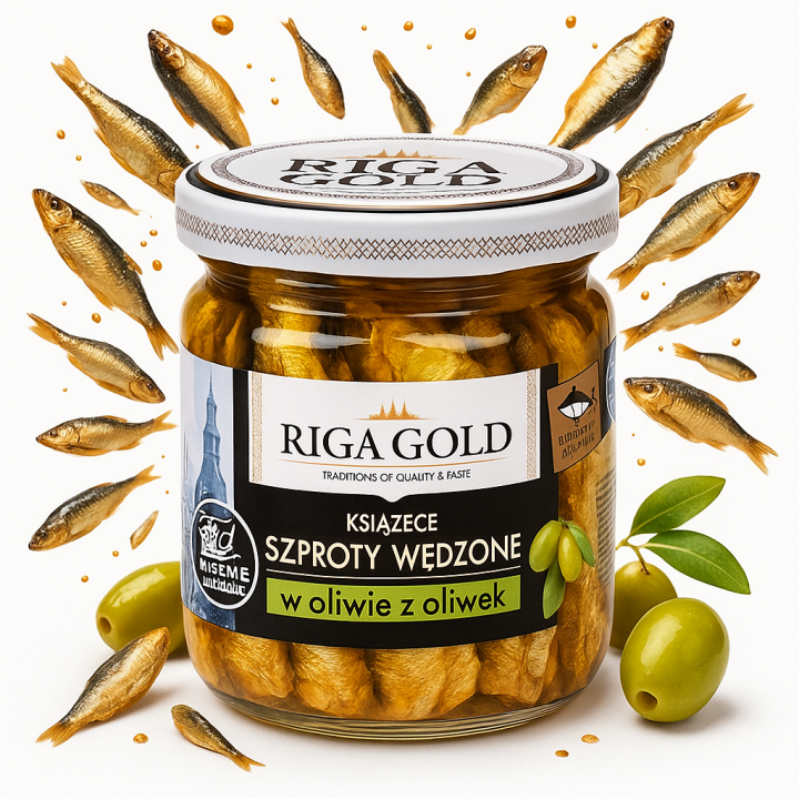 Wędzone szproty Riga Gold 100g w oliwie z oliwek litewskie produkt premiumAMK