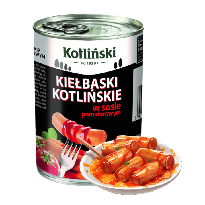 Kiełbaski w puszce Kotliński 390 g kiełbaski w sosie pomidorowym AMK AMK